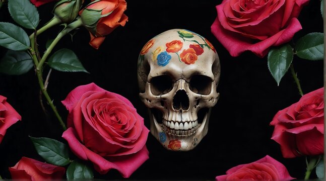 A skull with colorful roses on plain black background from Generative AI