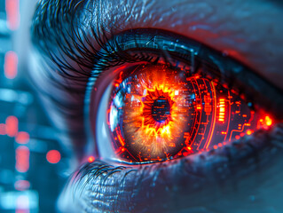 Close-up of a human eye with advanced cybernetic augmentation, depicting futuristic technology integration.