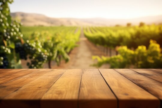 The empty wooden table top with blur background of vineyard. Exuberant image. generative AI