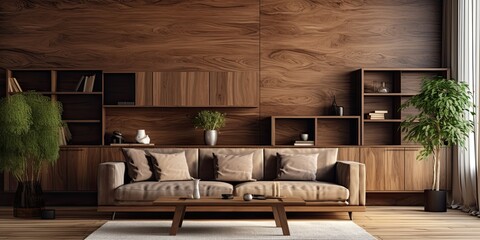 Cozy living room with wooden wall panel, stylish furniture and decor elements. - obrazy, fototapety, plakaty