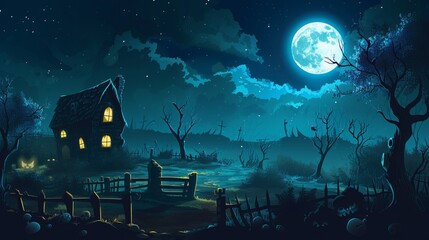 A spooky Halloween night scene featuring a lit house