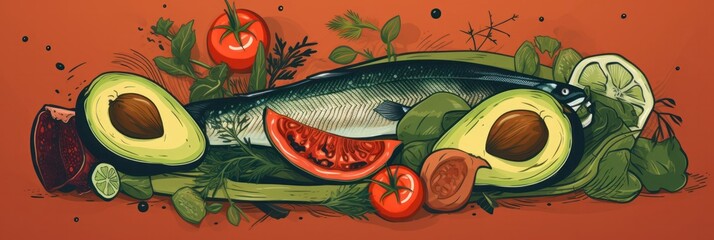 Healthy dinner cartoon illustration. Avocado with fish and vegetables on red background. Vegetarian nutrition. Dish with salmon and vegetables. Restaurant, cafe menu drawing. Vegan food