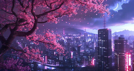 Imagination Pink cherry sakura trees, neon lights, residential skyscraper buildings, and a...