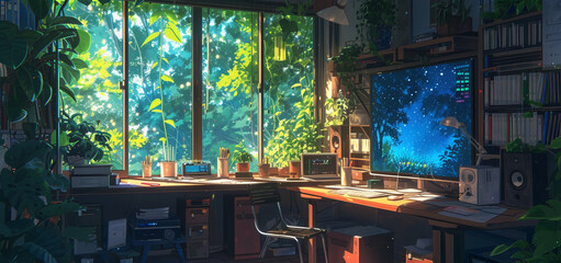 Interior of Lofi is vacant. unkempt desk, rainforest, and woodland view out the window. manga-style anime. Colorful low-fidelity study desk. cozy, relaxed atmosphere. Hip-hop ambient lighting.