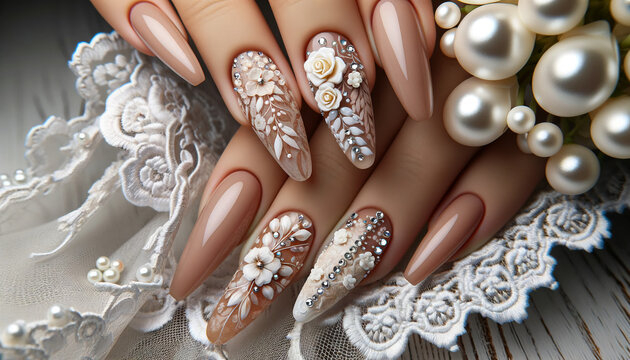 Bridal Bliss: Luxurious Nude And White Floral Manicure