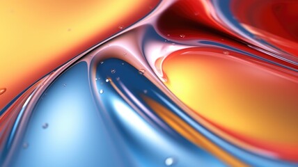 The close up of a glossy liquid surface abstract in red, yellow, and blue colors with a soft focus. 3D illustration of exuberant. generative AI