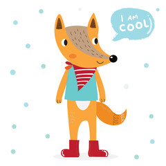 Hand drawing doodle cute fox vector illustration for t-shirt ,card, poster design for kids. Vector illustration design for fashion fabrics, textile graphics, prints, Cute fox cartoon
