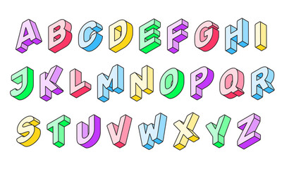Colorful 3d font. Geometric vector alphabet. Letters perspective cubic blocks