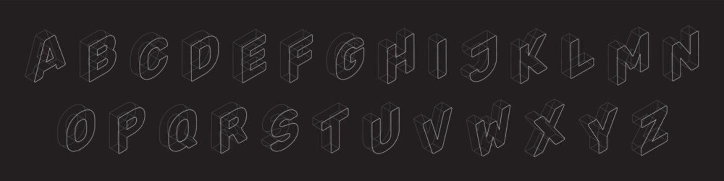 Wireframe isometric alphabet. 3d font design