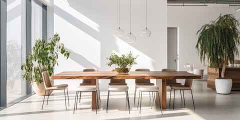 Modern apartment with white walls, wooden table, and chairs in spacious dining room.
