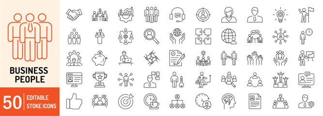 Fototapeta na wymiar Business People editable stroke outline icons set. Business, people, team, experience, meeting, partnership, target, headhunting, idea, achievement and employee. Vector illustration