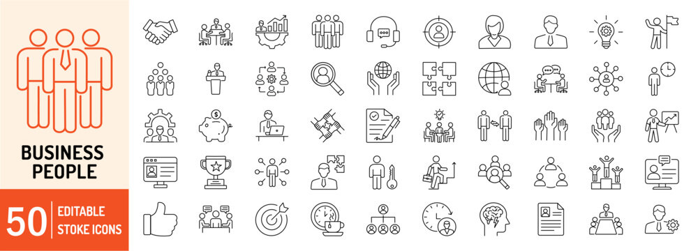 Business People editable stroke outline icons set. Business, people, team, experience, meeting, partnership, target, headhunting, idea, achievement and employee. Vector illustration
