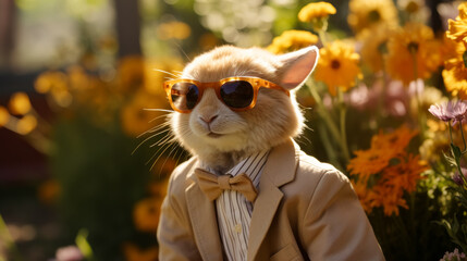 Picture a fashionable rabbit in a cashmere sweater, accessorized with a diamond-studded collar and designer sunglasses. Against a backdrop of blooming gardens, it exudes playful elegance and sophistic