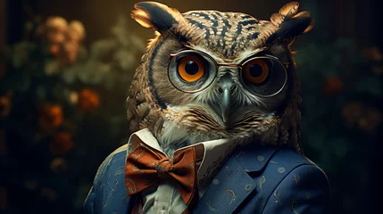 Rolgordijnen Visualize a sophisticated owl in a tailored vest, complete with a silk bow tie and spectacles. Against a backdrop of ancient trees, it exudes wisdom and scholarly charm. Mood: intellectual and refined © Дмитрий Симаков
