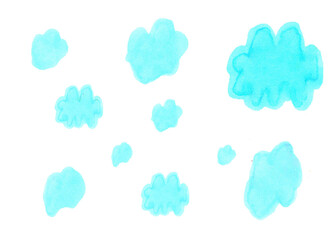 Blue watercolor clouds background. Hand painted watercolor clouds isolated on white. Blue sky cloud. Watercolor drawing. - 725263585