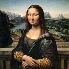 Mona Lisa's Smile Describe the enigmatic smile of the Mona Lisa and explore the emotions it evokes. What makes this iconic painting so captivating to viewers around the world?.. free download ai image - obrazy, fototapety, plakaty