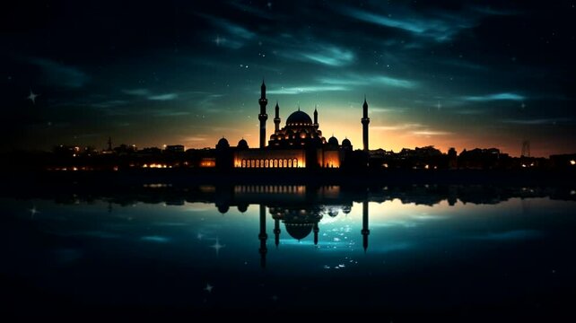 Mosque scene with stars in the background, animated virtual repeating seamless 4k