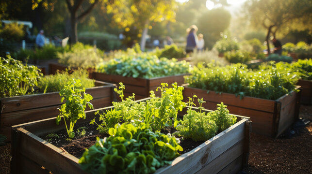 Sunlit Raised Beds in Urban Community Garden.
Raised garden beds filled with lush greenery in an urban community garden, sunlit.