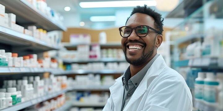 Smiling male pharmacist standing confidently in pharmacy. professional healthcare worker portrait. accessibility to medicine concept. AI - Powered by Adobe