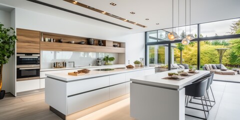 Luxurious modern kitchen with a white spacious interior and island.