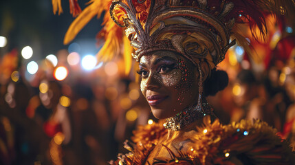 Brazilian carnival and festival. Carnival dancer in dazzling costume with feathers and sequins, embodying festivity and culture - obrazy, fototapety, plakaty