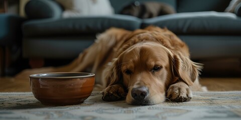 Golden retriever waiting patiently by an empty bowl in cozy home setting. perfect for lifestyle advertisements. AI