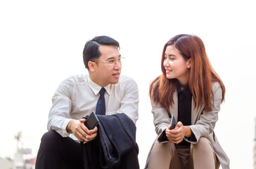 Business people meeting and sharing ideas, Young Asian business team discussing in the morning