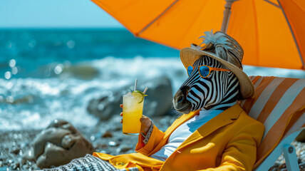 A zebra in human clothes lies on a sunbathe on the beach, on a sun lounger, under a bright sun umbrella, drinks a mojito with ice from a glass glass with a straw, smiles, summer tones, bright rich col - obrazy, fototapety, plakaty