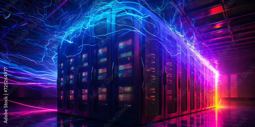 Poster futuristic data center with dynamic energy streams flowing, showcasing powerful server racks with hi