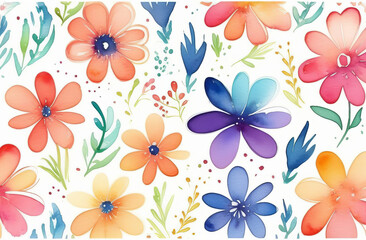 Obraz premium Seamless watercolor floral pattern pink blush flowers elements, green leaves branches on blue background; for wrappers, wallpapers, postcards, greeting cards, wedding invites, romantic events
