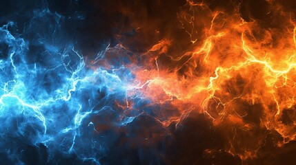 Warm orange and chilly blue background of electrical lightning - obrazy, fototapety, plakaty