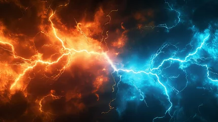 Rolgordijnen Warm orange and chilly blue background of electrical lightning © xelilinatiq