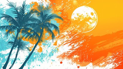 Fototapeta na wymiar For your season graphic design, use a summertime background with palm trees, the summer sun, and white brushstrokes. Warm, bright days. Illustration in vector format