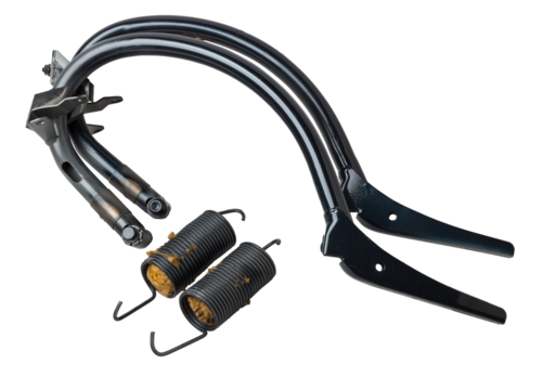 Pair of hinges for attaching the hood or trunk of the car on a white isolated background. Auto parts for catalog and repair of vehicles.