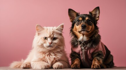 A cat and a dog on plain pink background from Generative AI