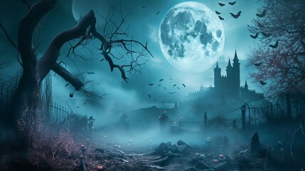 Cemetery graveyard to the castle Bats on a dead tree and a full moon on a spooky, terrifying night. Halloween banner background idea for a holiday event.