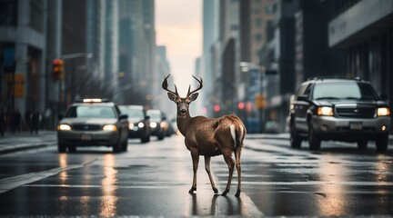 A deer in the middle of the road in the city metro from Generative AI - obrazy, fototapety, plakaty