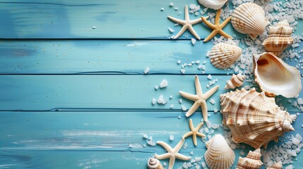 design of a beach scene with starfish and seashells on a blue wooden backdrop
