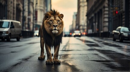 A lion in the middle of the road in the city metro from Generative AI