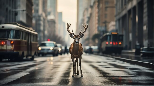 A deer in the middle of the road in the city metro from Generative AI
