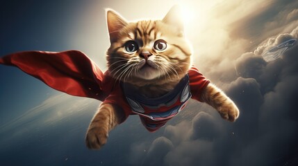 A superhero cat flying through the air with a determined expression.