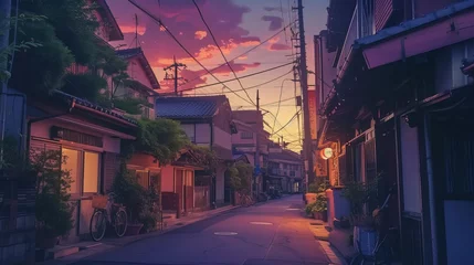 Poster A stunning Japanese town in the twilight light in Tokyo. dwellings along the road. anime comics' visual language. comfortable lofi Asian design. © xelilinatiq