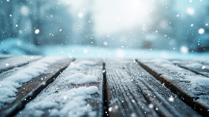 A winter table and snowy plank with snowfall under a chilly sky