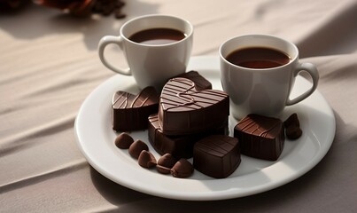 Two cups of coffee and chocolate candies on a white plate.