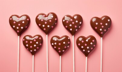 Chocolate heart-shaped lollipops with sprinkles on pink background
