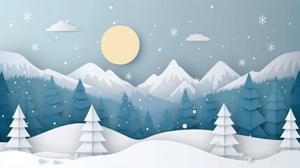 Fototapeta na wymiar Snowy forest. paper pine trees, sun and mountain. vector illustration of winter season.