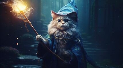 A wizard cat casting a spell with a miniature wand and a flourish.