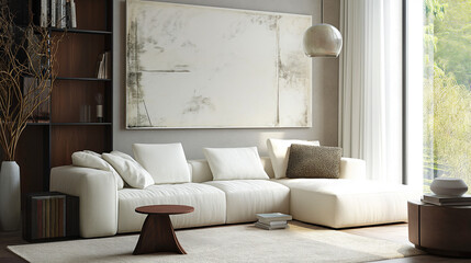 Living room interior design with white corner sofa. Generative AI