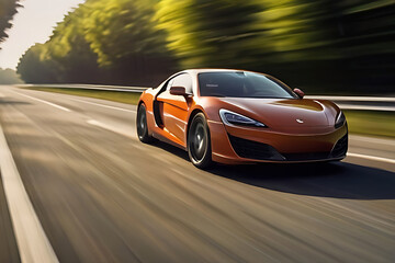 Fototapeta na wymiar Yellow sports car riding on highway road. Car in fast motion. Fast moving supercar on the street.