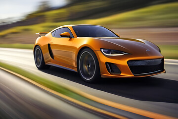 Yellow sports car riding on highway road. Car in fast motion. Fast moving supercar on the street.
